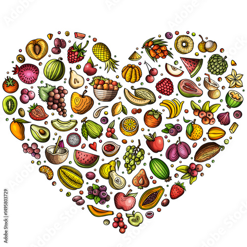 Set of Fruits cartoon doodle objects. Heart form composition