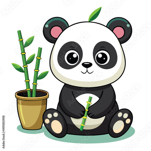 A cute baby panda sits holding a bamboo stalk and a pot filled with bamboo shoots with white background