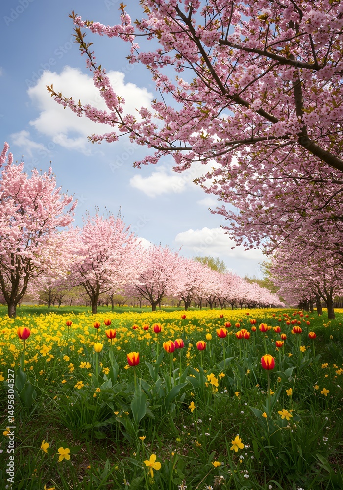 Spring blossom scene. Frame blooming trees or a field of flowers (e.g. cherry blossoms, tulips). A vertical shot could focus on a single flowering branch against sky, and a horizontal on a line of tre Spring blossom scene. Frame blooming trees or a field of flowers (e.g. cherry blossoms, tulips). A vertical shot could focus on a single flowering branch against sky, and a horizontal on a line of tre