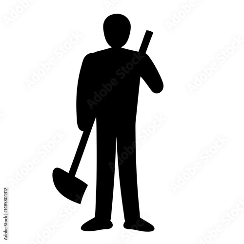 Silhouette of a worker standing with a shovel and a pickaxe