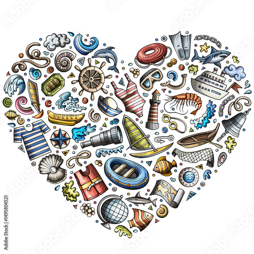 Set of Marine cartoon doodle objects. Heart form composition