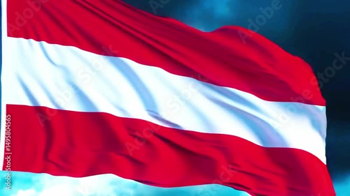 Austrian national flag waving in the wind with dramatic cloudy sky