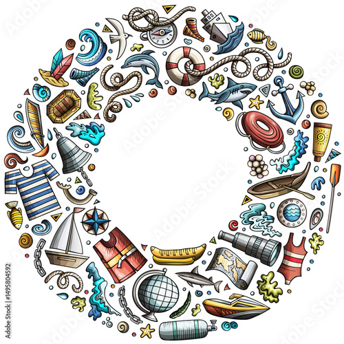 Set of Marine cartoon doodle. Round frame composition