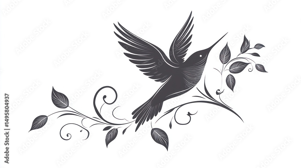 Hummingbird in Flight, Floral Design Hummingbird in Flight, Floral Design
