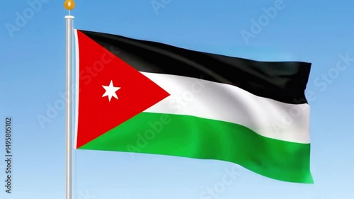 Jordan national flag waving in clear blue sky, symbol of patriotism, unity, independence