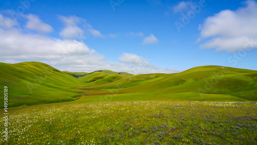 Rolling green fields under a vast blue sky with fluffy white clouds depict a serene summer landscape