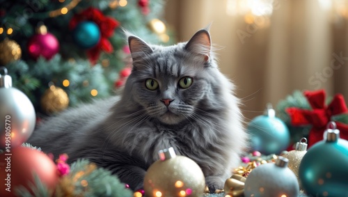 Fototapeta Naklejka Na Ścianę i Meble -  Decorations and a fluffy gray cat