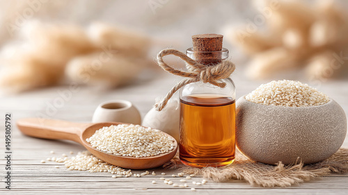 Natural sesame oil in glass bottle with sesame seeds on wooden surface, healthy food and natural cosmetics concept.