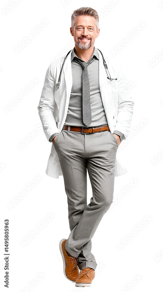 Fototapeta premium A confident and experienced doctor radiates assurance, posing in a full-length portrait that emphasizes professionalism and expertise.