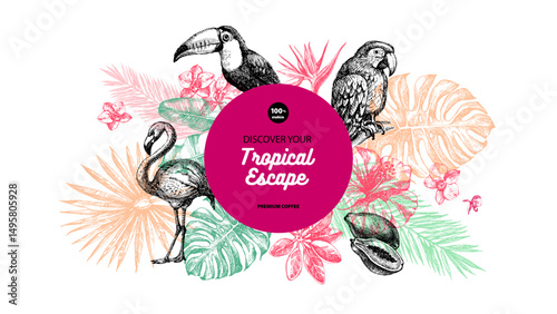 Sketch tropical paradise jungle birds and plants vintage background. Hand drawn vector illustration