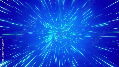 Blue hyperspace jump animation with light speed streaks flying toward viewer, ideal for sci-fi backgrounds, futuristic travel, warp speed effects, and space exploration visuals