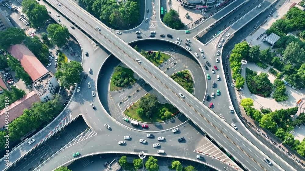 Aerial View of Complex Urban Highway Interchange and Traffic Flow