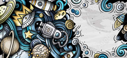 Space doodle banner. Cartoon detailed illustrations.