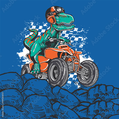 T-Rex riding quad ATV extreme sports racing, Cartoon dinosaur racing off-road, Dinosaur monster car racing t-shirt print design