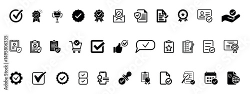 Checkmark, approval icon set. Glyph pictograms of validation, certification, confirmation concept, checklists, documents, awards, Accept, confirm, checkmark, ok and security verification vector.