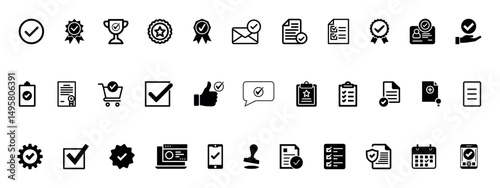 Checkmark, approval icon set. Glyph pictograms of validation, certification, confirmation concept, checklists, documents, awards, Accept, confirm, checkmark, ok and security verification vector.