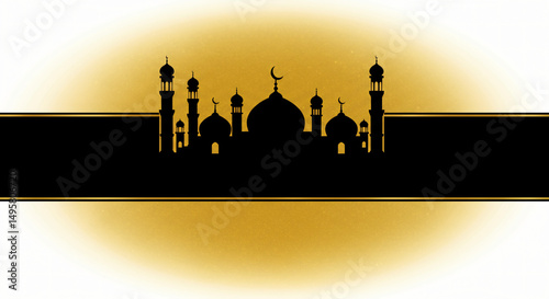 Silhouette of a mosque with minarets and crescent moons against a golden background with a black banner, creating a religious and cultural islamic illustration