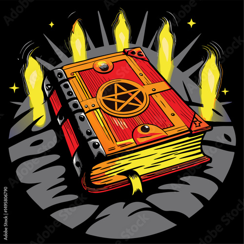 Mystical grimoire illuminated by burning candles