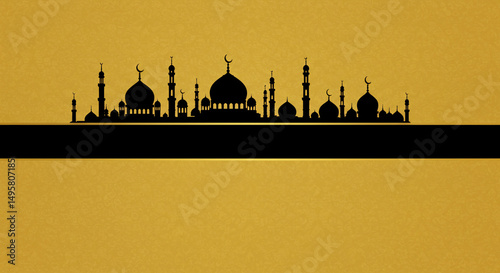 Illustration of a mosque silhouette with minarets and domes against a textured gold background, featuring a prominent black stripe for text or design elements