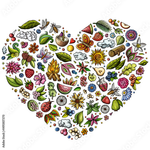 Set of Summer Nature cartoon doodle objects. Heart form composition