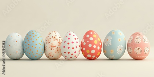 Decorative Easter eggs arranged in a colorful display against a soft background