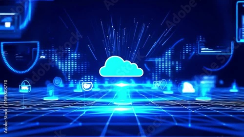Futuristic animation of cloud computing network with glowing data icons and connections, representing secure cloud services, storage, big data, and digital transformation