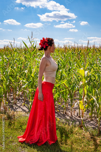 Folkloric girl. Ethnic and folk. Young woman in cornfield under blue sky. Flamenco dancer. Summer fashion. Spanish girl in vibrant red skirt and flower in hair. Countryside scene. Meditation