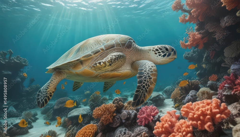 Fototapeta premium Green sea turtle gracefully swims over vibrant coral reef , tropical, nature