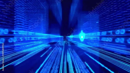 Futuristic animation of digital data tunnel with glowing shield icons representing cybersecurity, firewalls, and secure information transfer in high-speed virtual networks