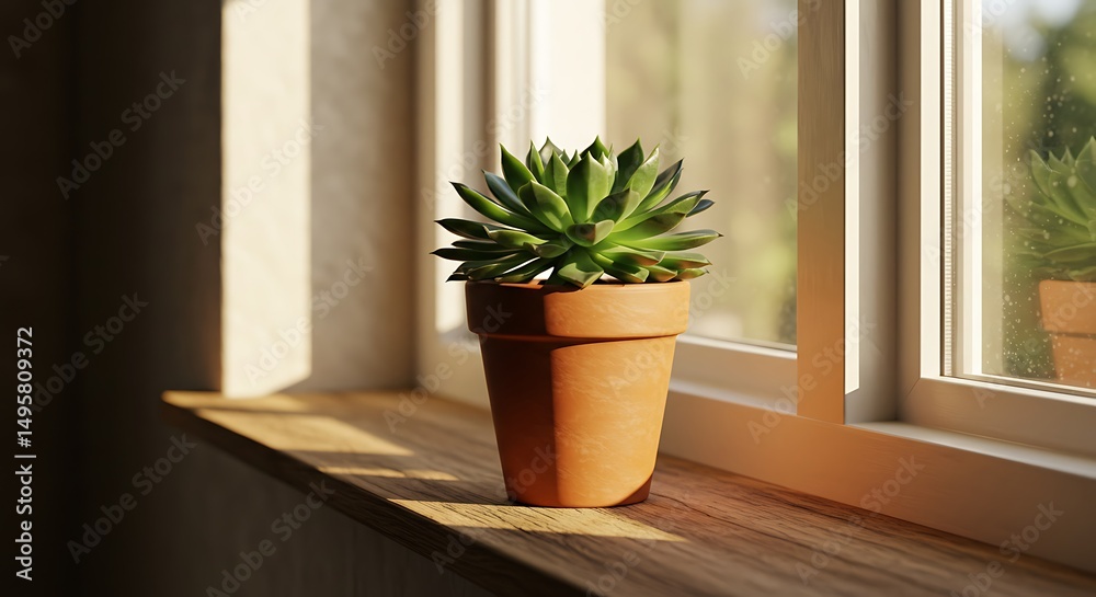 Fototapeta premium Terracotta pot with succulent plant on a windowsill.