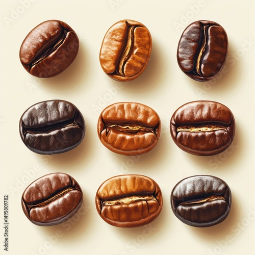 Variety of coffee beans arranged artistically on a neutral background showcasing different roasts and colors