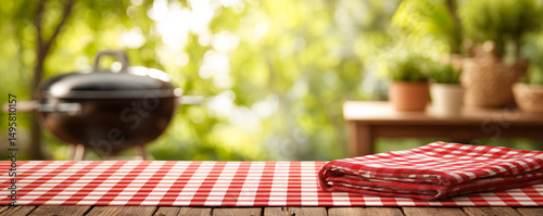 Wooden table with red checkered cloth in backyard garden with grill and BBQ. Back yard party and weekend concept.