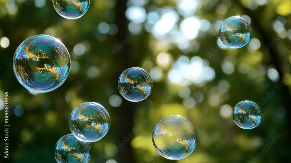 Floating soap bubbles in sunlight against a green blurred background  