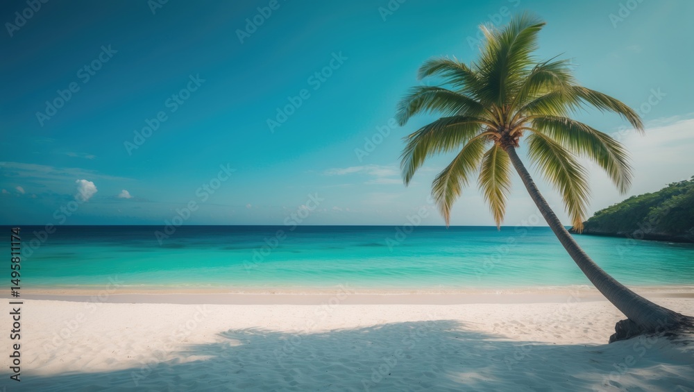 Obraz premium Tropical beach panorama banner with a palm tree