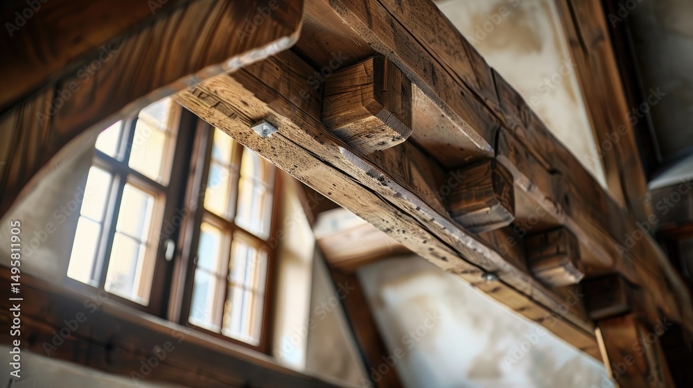 Obraz premium Bavarian timber-framed house beam detail, close-up, wood and plaster geometric contrast, rustic and cozy