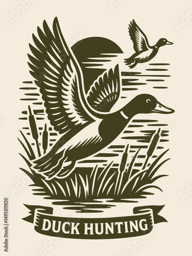 Flying duck over reeds vintage engraving style vector illustration. Hunter emblem