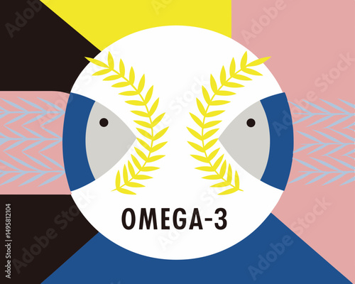 Omega-3 symbol with leaves and colorful abstract background  
