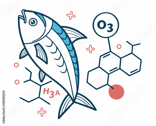 Illustration of fish with omega-3 chemical structure and symbols  