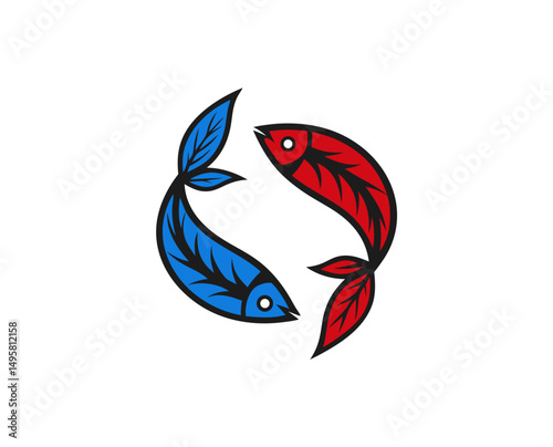 Blue and red fish symbols in a circular design  
