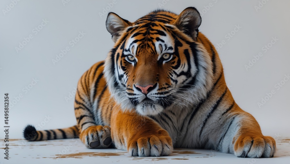 Obraz premium Tiger in a prone position revealing its teeth, against a white surface