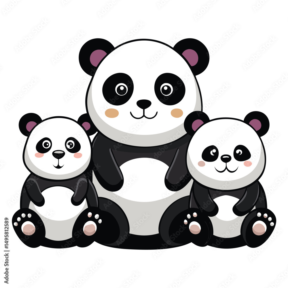 Obraz premium A heartwarming scene of three pandas of different sizes sitting together with white background