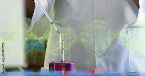 Lab researcher reaching pipette drawing liquid into tube, green DNA helix showing sample transfer