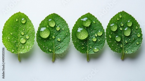 Four Green Leaves with Dew Drops