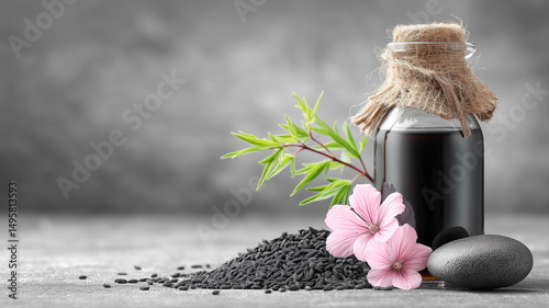 Bottle with black cumin oil near seeds, flowers and stones on grey background, natural cosmetics and aromatherapy concept.