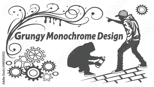 Grungy Monochrome Design with Graffiti Artists and Gears