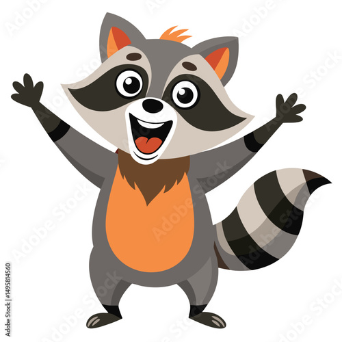 A jubilant raccoon with its arms raised and mouth wide open stands with white background