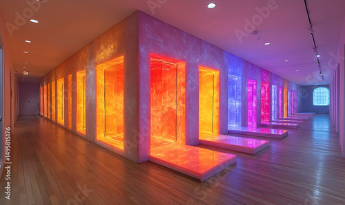 Light filled hall shows a gradient of color as viewers move along the hallway in a modern building