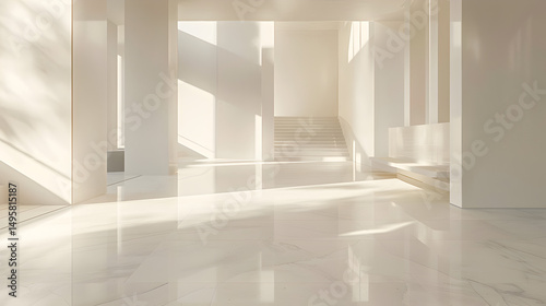 Interior of a bright white room with sunlight shining through windows onto a staircase and floor