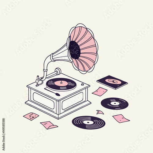Vintage Gramophone with Records and Notes Isometric Illustration