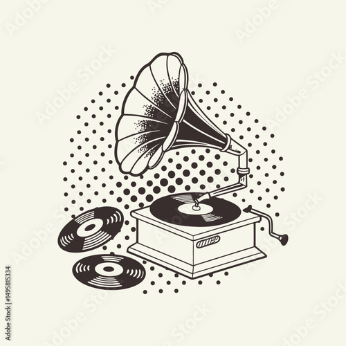 Vintage Gramophone with Records and Retro Pop Art Design